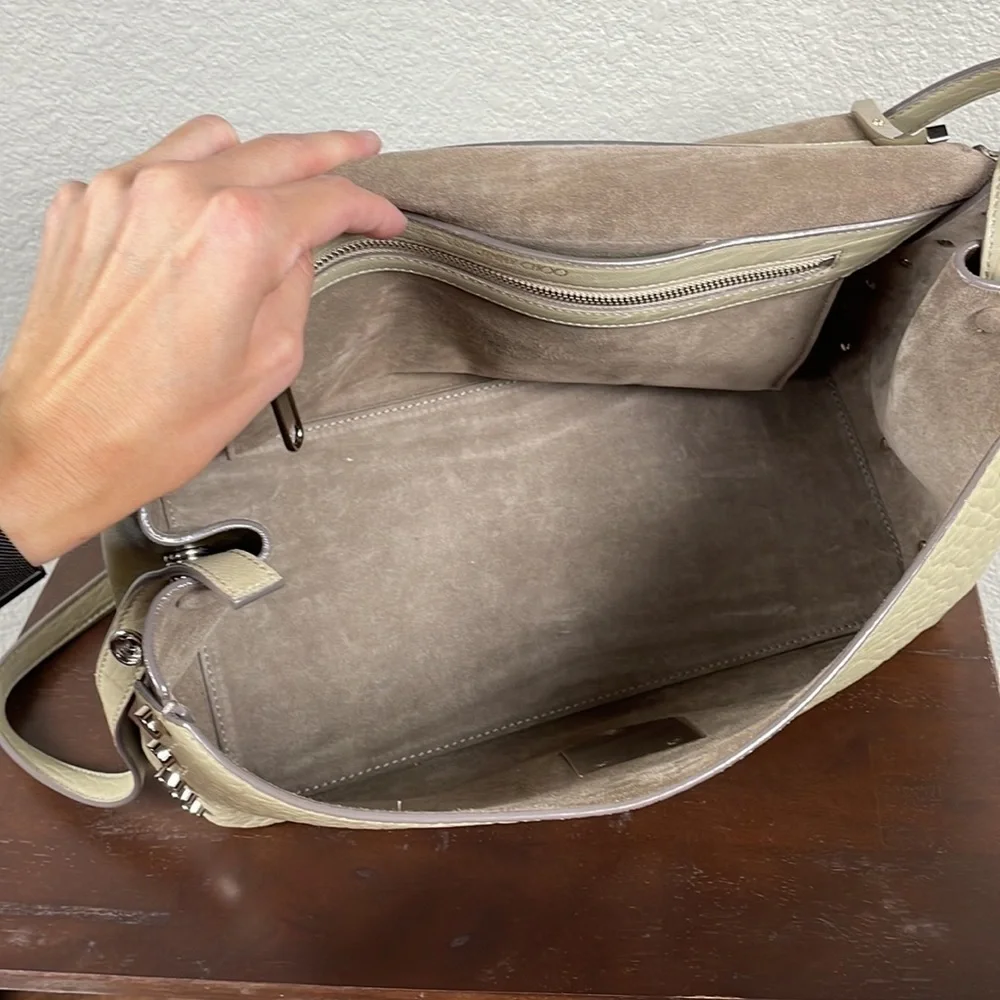 Jimmy Choo Lockett Large Shoulder Bag Hand Bag Satchel Cream Pebbled Leather